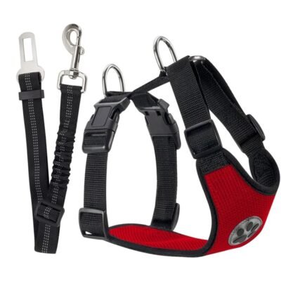 Harnais chien voiture et ceinture rouge Harnais chien voiture et ceinture rouge