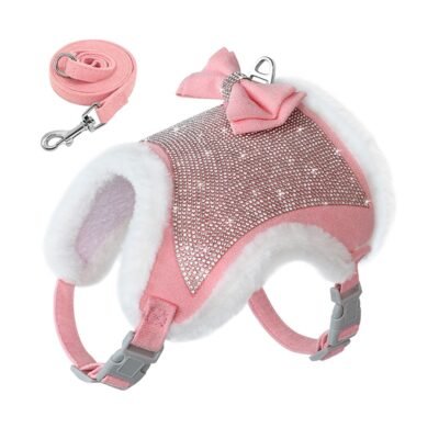 Harnais veste pour Chihuahua à strass rose et sa laisse assortie Harnais veste pour Chihuahua à strass rose et sa laisse assortie