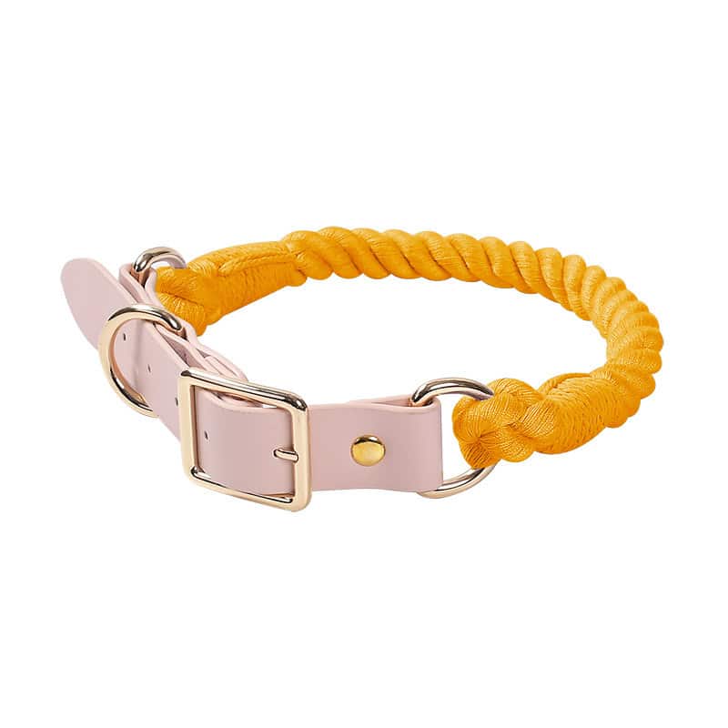 Collier pour chien en cuir rose et corde orange