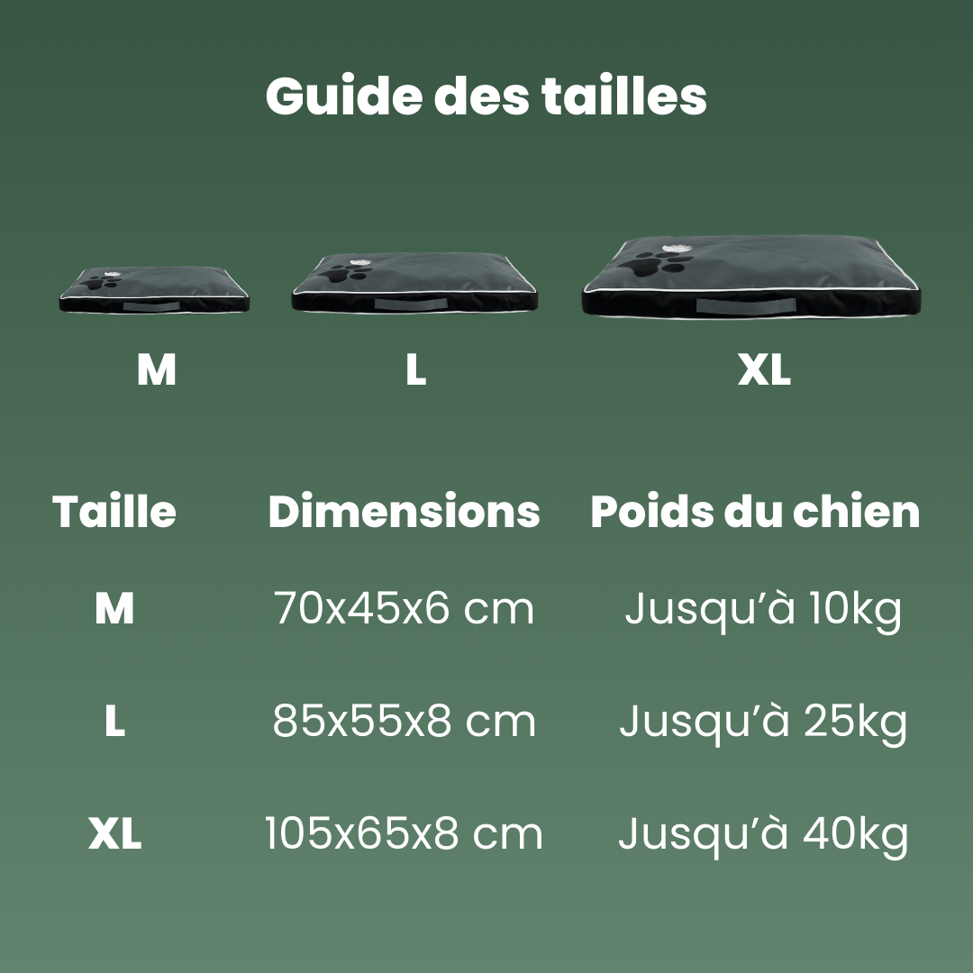 guide tailles coussin indestructible impermeable oxford chien