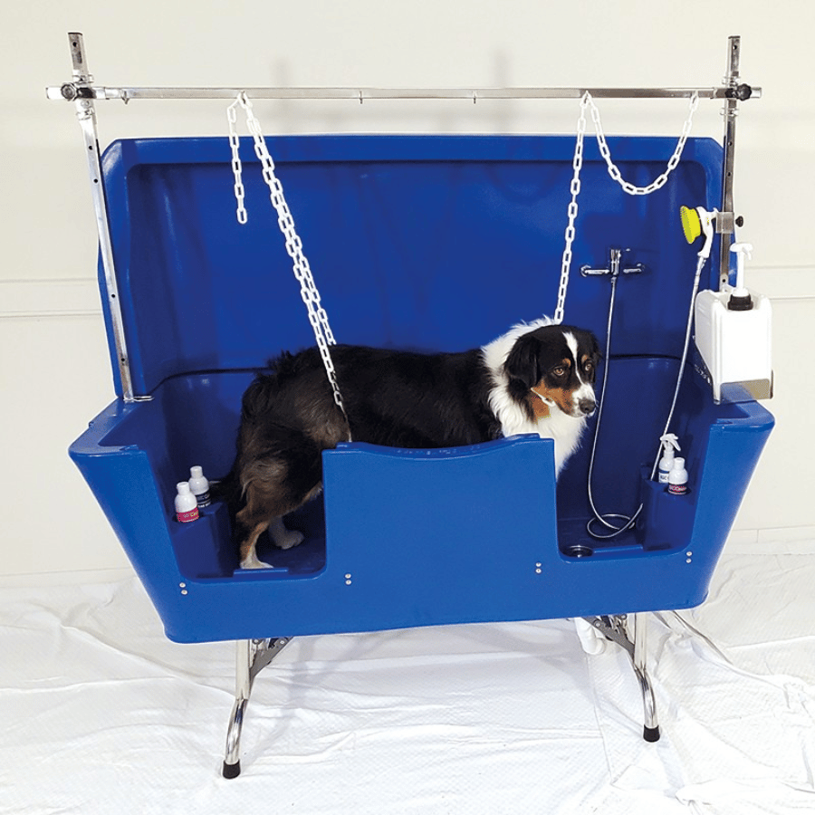 Baignoire pour grand chien pliante sur pieds bleu - Anti-Projection - Polyéthylène et Inox - 130x50 cm