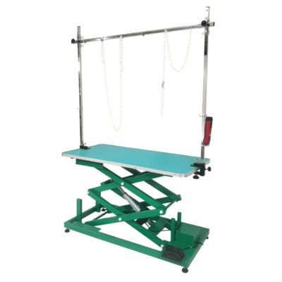 Table de toilettage élévatrice vert - Plateau Bois - Châssis métal électrique grande variation - 120x60 cm Table de toilettage élévatrice vert - Plateau Bois - Châssis métal électrique grande variation - 120x60 cm