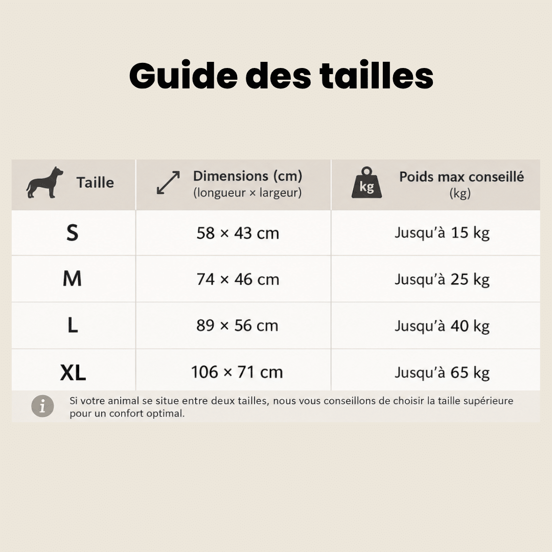 guide taille coussin indestructible lavable noir