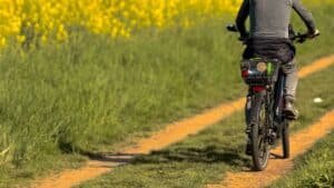Cycliste roulant sur un chemin de campagne avec son chien